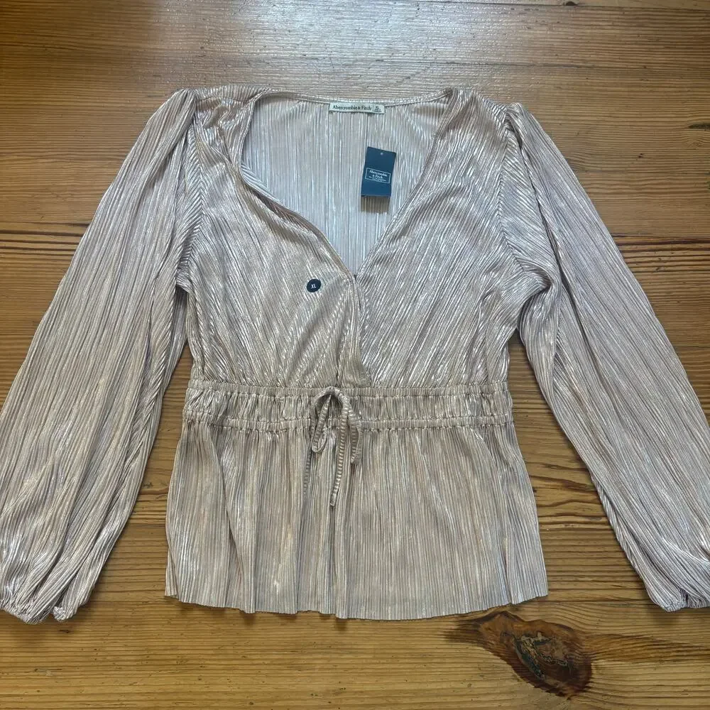 NWT Abercrombie &‎ Fitch rose gold metallic long sleeve blouse shirt SIZE XL